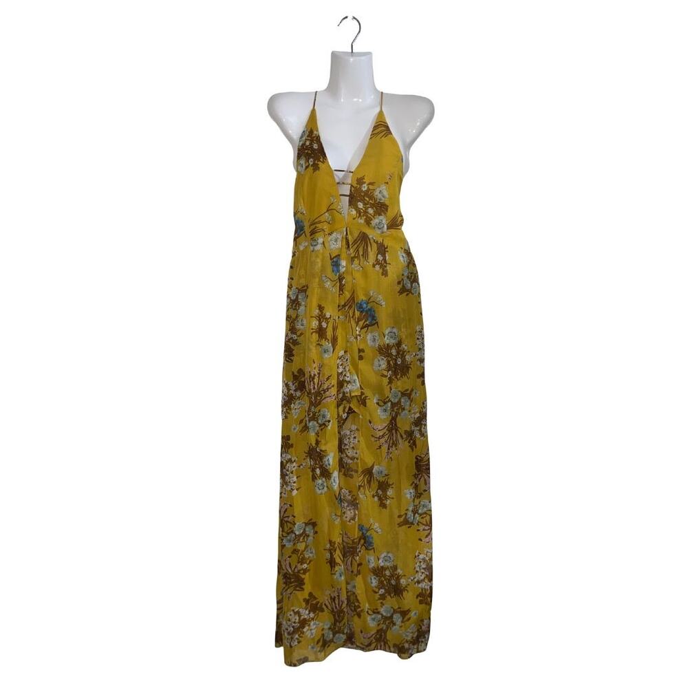 Essue Halter Floral Romper Maxi Dress Slit Large NWT Criss Cross Back Boho Chic
